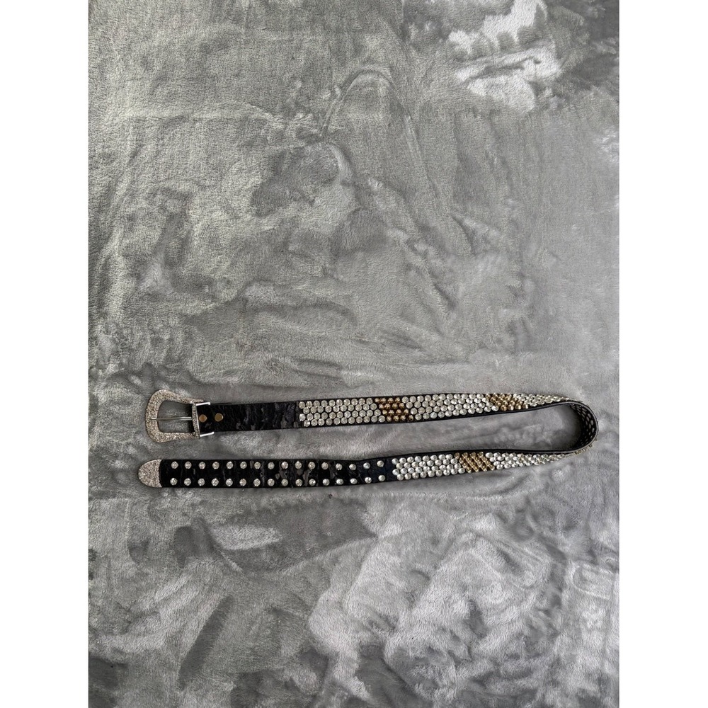 Vintage Western Leather Belt Black Studded Rhinestone Y2K Rockstar Small 42in S